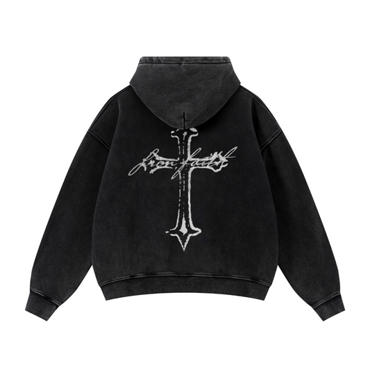 400GSM Unisex Vintage-Wash Boxy-Fit Zip-Up Hoodie Vintage Black