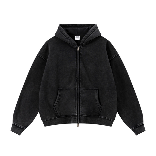 400GSM Unisex Vintage-Wash Boxy-Fit Zip-Up Hoodie Vintage Black